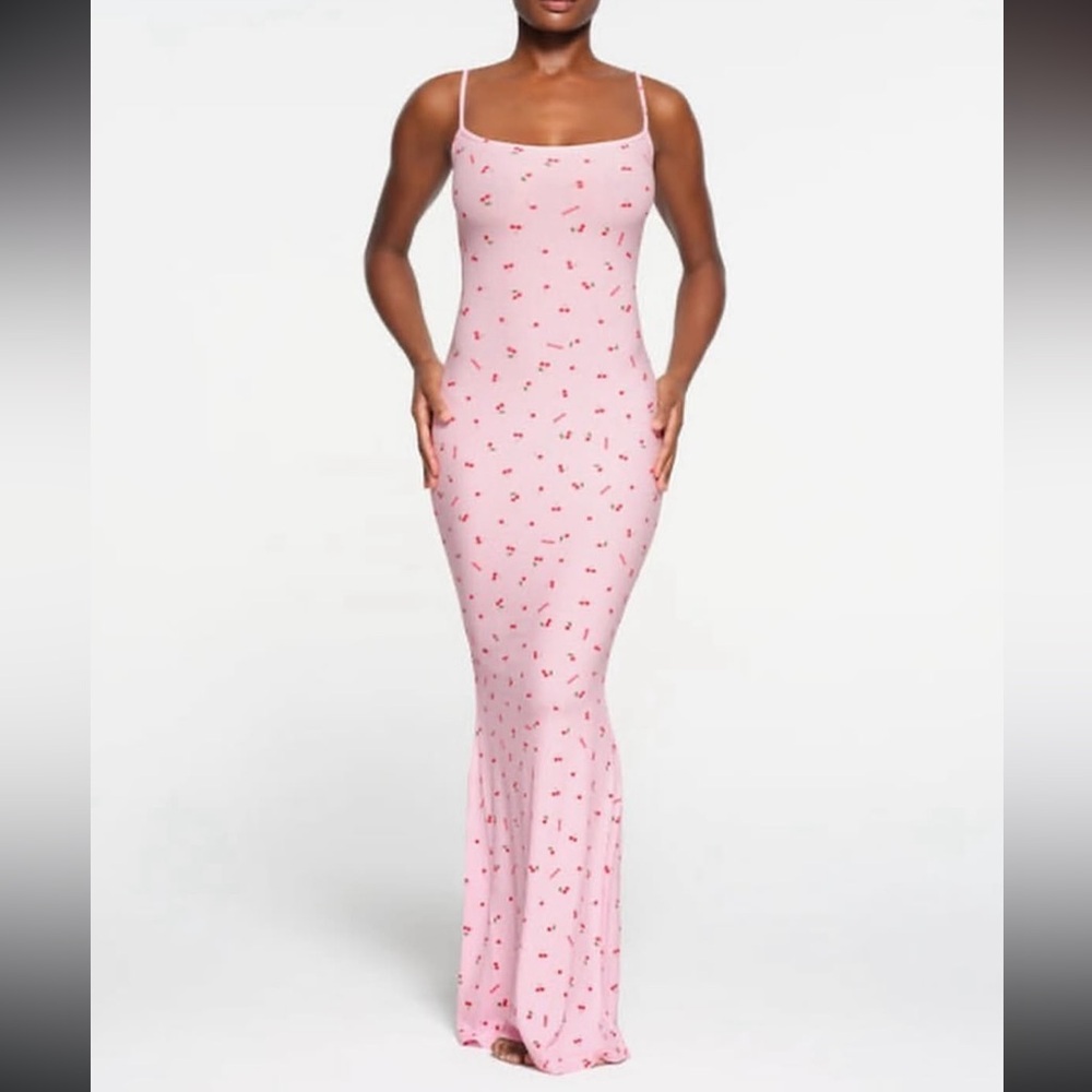SKIMS Soft Lounge Long Slip Dress Cherry Print. Size Small